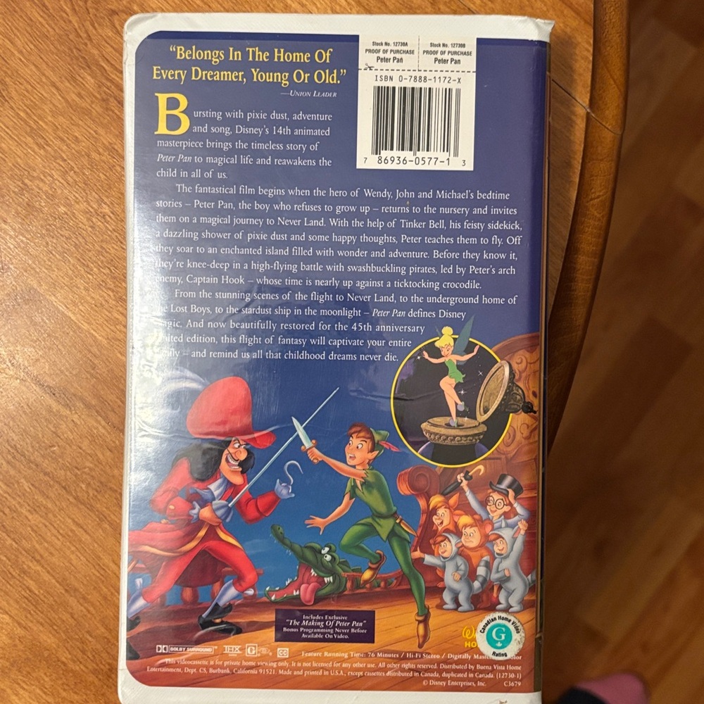 Walt Disney's Peter Pan Masterpiece 45th Anniversary VHS - Picture 2 of 3